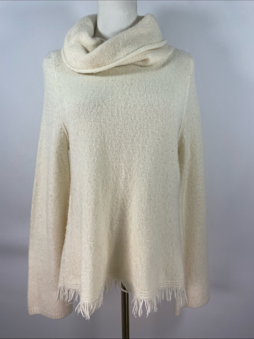 Anthropologie Akemi + Kin Aruna Fringe Cowl Neck Sweater Cream Wool Alpaca S